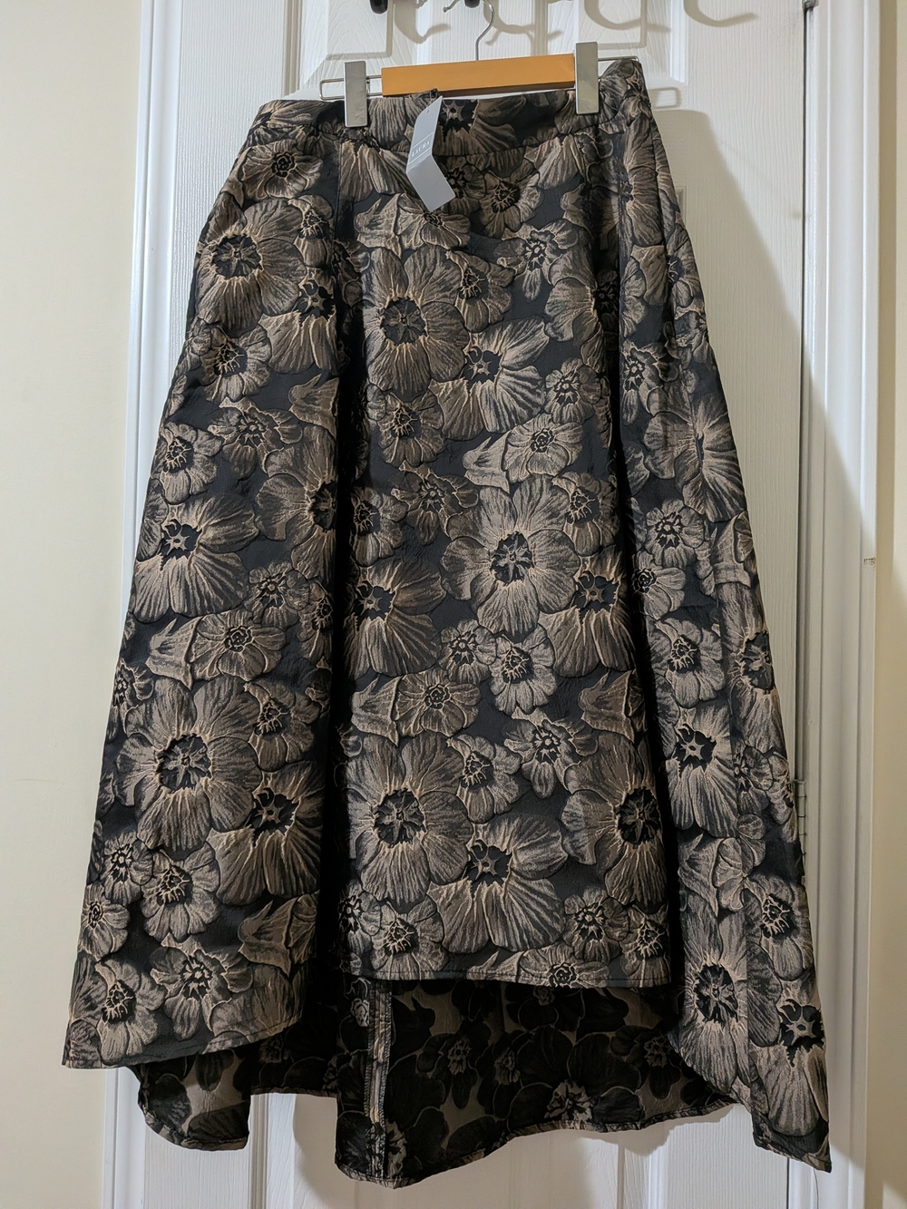 High-Low Floral Jacquard Skirt in Black and Taupe